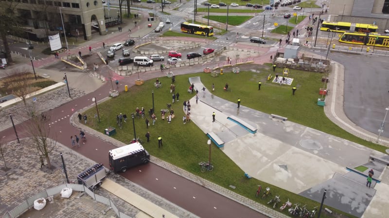 Drone shot of people in a Climate strike while being supervised by security personnel in Utrecht, Netherelands