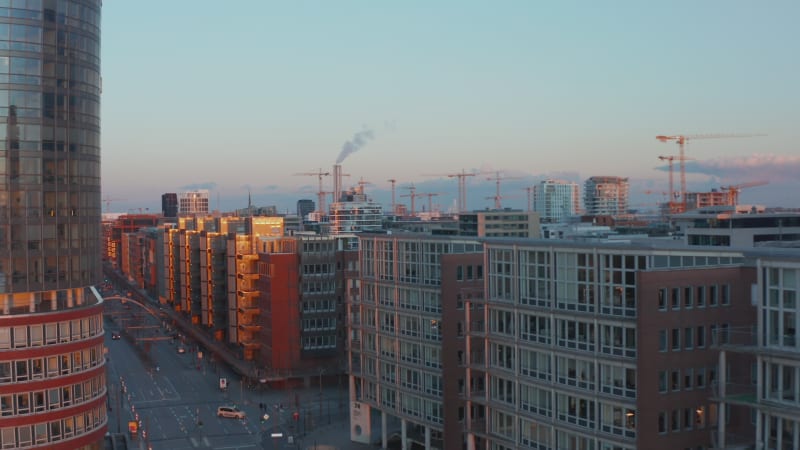 Aerial view of urban street in Hamburg city center during sunset