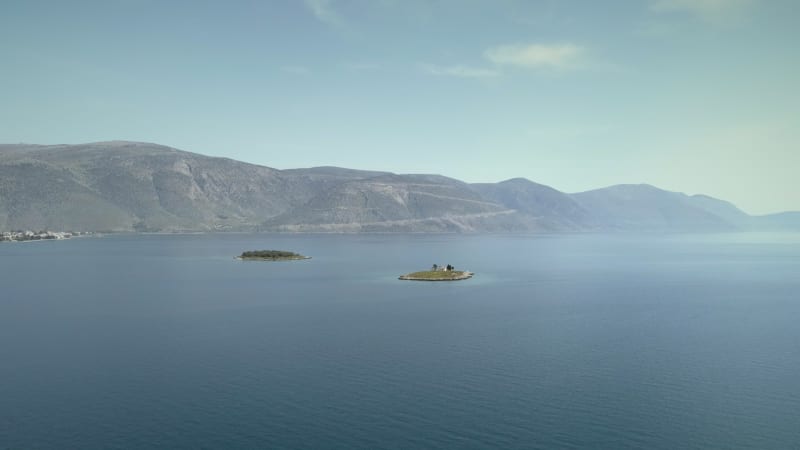 Aerial view of the St. Athanasios island in the Gulf of Corinth.