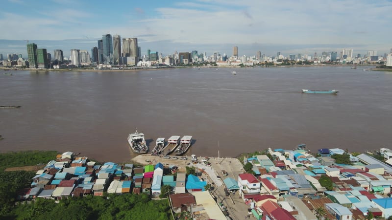 Aerial view of Phnom Penh along the riverside, Cambodia.