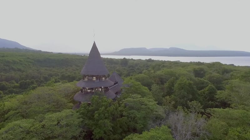 Aerial view of multi-storied pagoda on a elevation terrain, Bali.