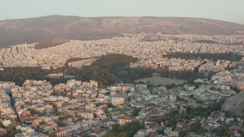 Aerial View of The Temple of Olympian Zeus in Athens, Greece during Golden Hour Sunset light