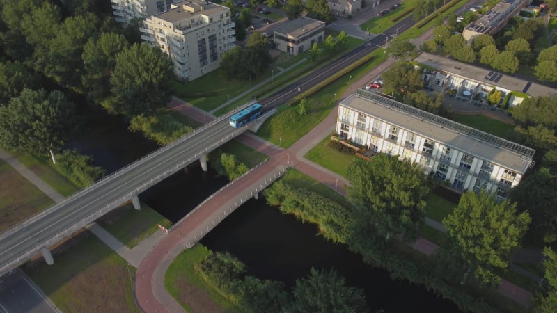 Bus lane and buildings in the Filmwijk in Almere City, Flevoland Province, The Netherlands.