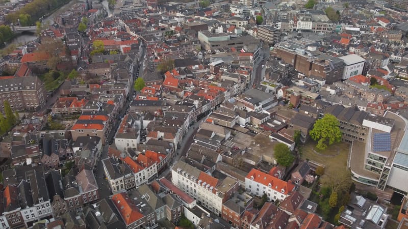 Narrow streets and compact building structures in sHertogenbosch, the Netherlands.