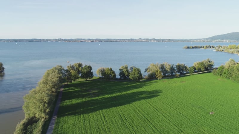 Aerial view of Lake constance shoreline near Arbon, Switzerland.