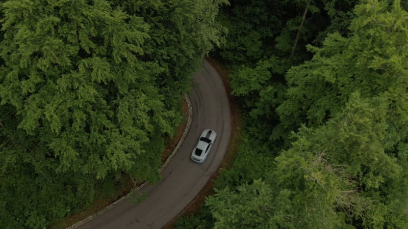 Aerial view of the Ford Mustang in the forest in Limburg, the Netherlands.