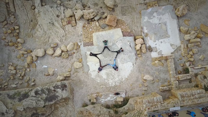 Aerial view of human star formation in Caesarea ruins, Israel.