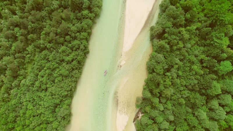 Aerial view of adventurers doing rafting surrounded by a big green forest.