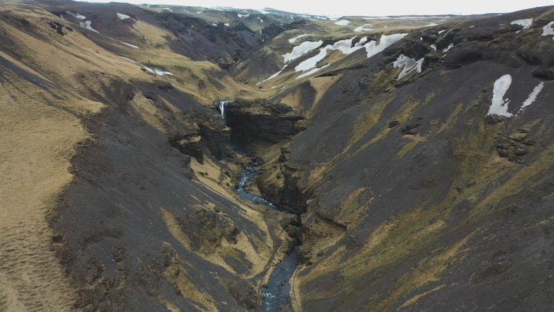 Aerial view of Kvernufoss waterfall, Iceland.