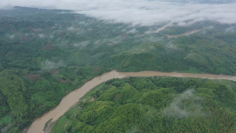 Aerial view of mountain landscape with clouds, Chittagong, Bangladesh.