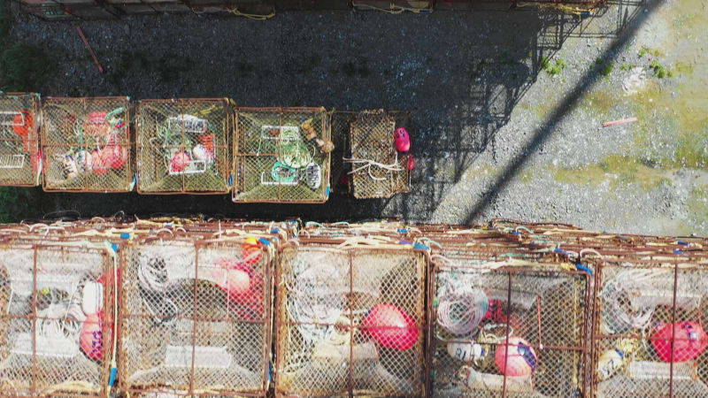 Aerial view of fishing tools at the harbour, Alaska, United States.