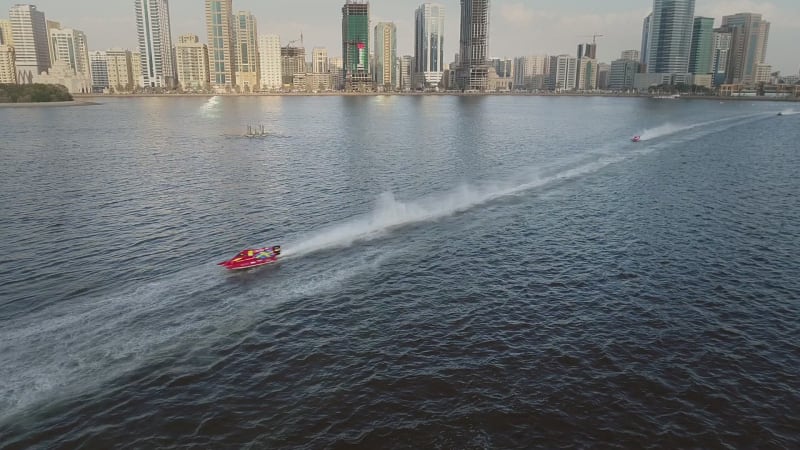 Aerial view of speed boats during the race in Khalid lake.