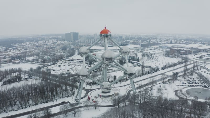 Aerial view of the Atomium in wintertime, Brussel, Belgium.