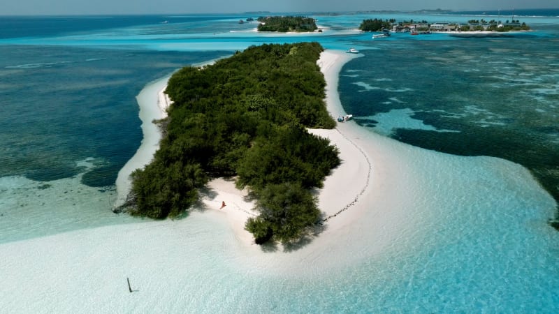 Aerial view of white sand beach at South Ari Atoll, Maldives.