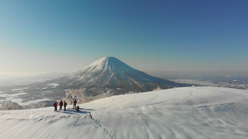 Aerial view of people on a mountain in Hokkaido, Japan