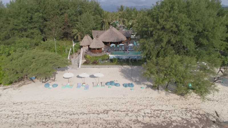 Aerial view of luxury resort near the beach.