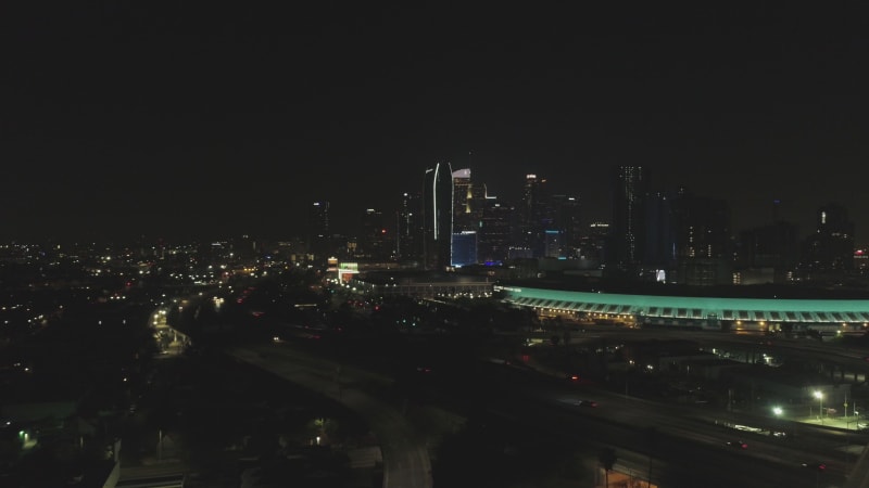 Aerial view of Los Angeles downtown at night.