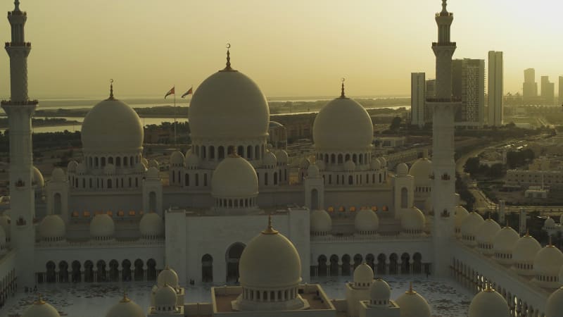 Aerial view of Sheikh Zayed Grand Mosque in Abu Dhabi.