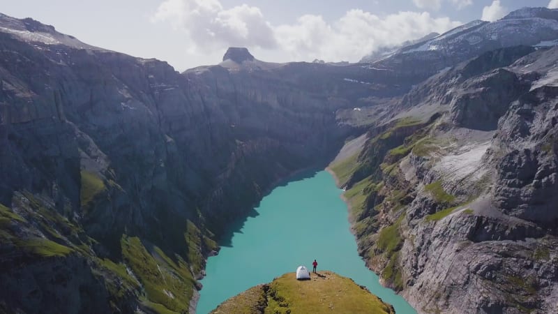 Aerial View of Person Camping in the Swiss Alps in Glarus.