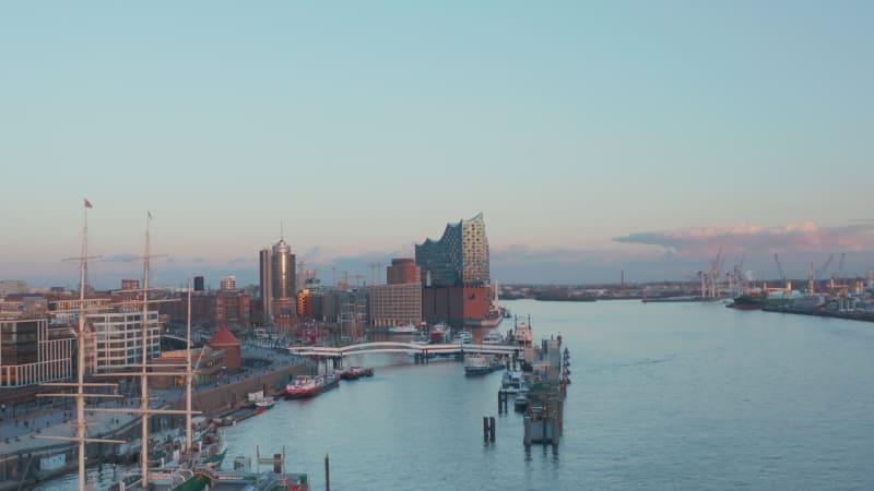 Elbphilharmonie music hall building on the banks of river Elbe in Hamburg, Germany during sunset