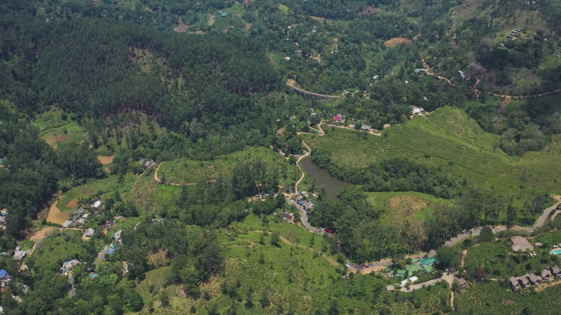 Aerial view of a small settlement near Nuwara Eliya, Sri Lanka.