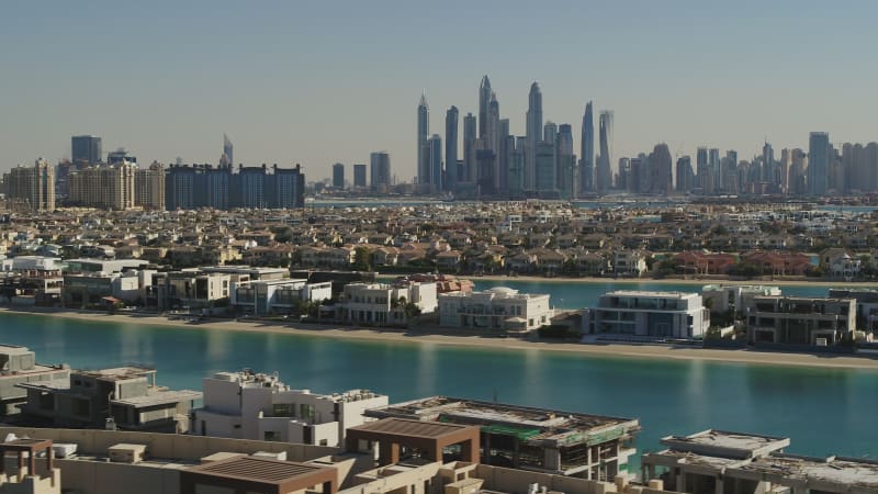 Aerial view of The Palm Jumeirah district, Dubai, United Arab Emirates.