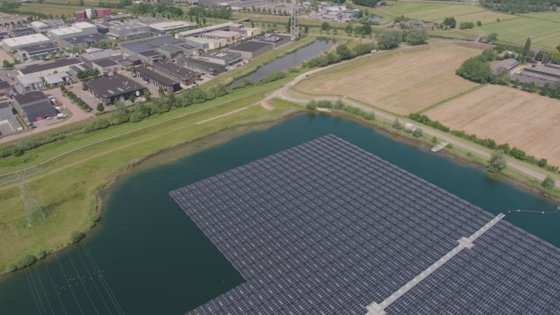 Areal View Of Solar panels on Lake Bomhofsplas in The Netherlands