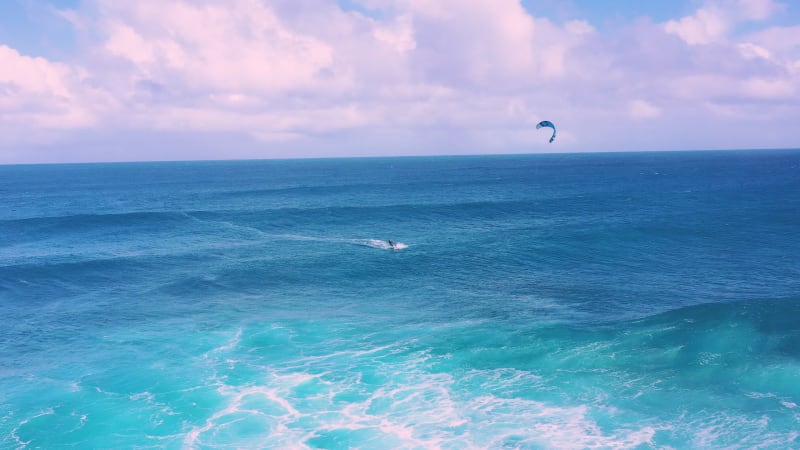 Aerial view of kitesurfing, Le Morne, Mauritius.