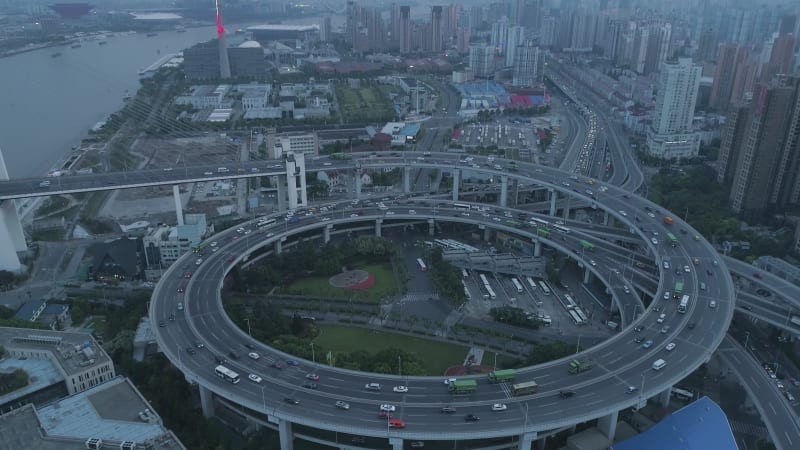 Aerial view of a road intersection in Shanghai, China.