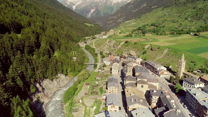 Aerial view of Lanslebourg village and snow peak mountain.