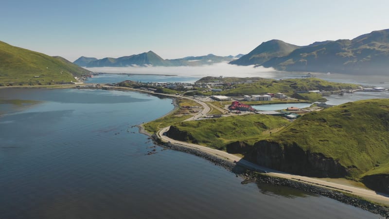 Aerial view of a small town on Unalaska Island, Alaska, United States.