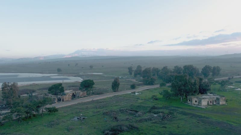 Aerial view of a misty landscape at sunrise, Golan Heights, Israel.