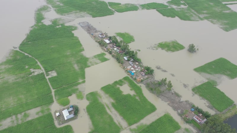 Aerial view of a residential district in Keraniganj flooded by monsoon rains in Dhaka province, Bangladesh.