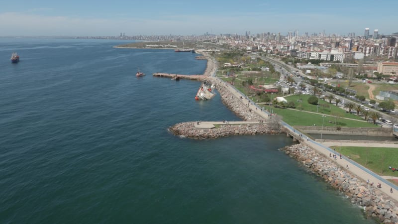 Aerial view of shipwreck and park in Maltepe, Istanbul, Turkey.