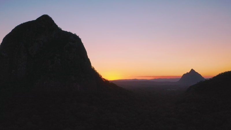 Aerial view of the Glass House Mountains, Sunshine Coast Hinterland.