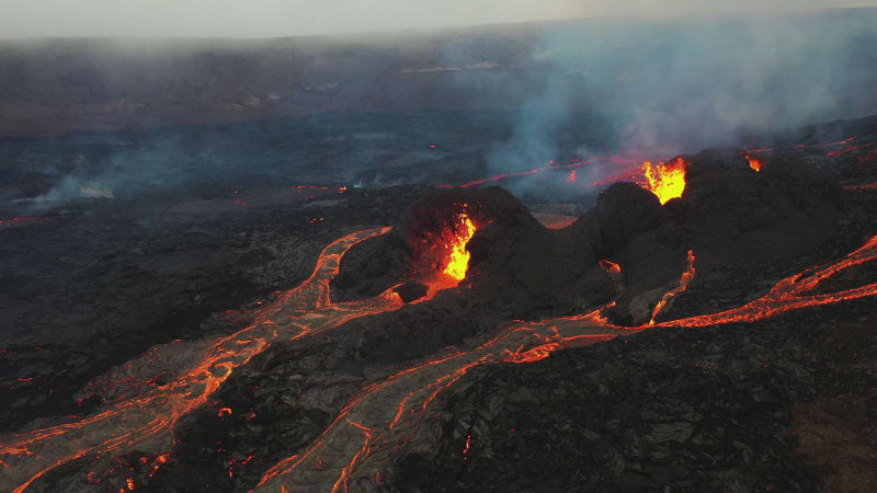 Aerial view of Fagradallsfjall volcano during an eruption, Iceland.