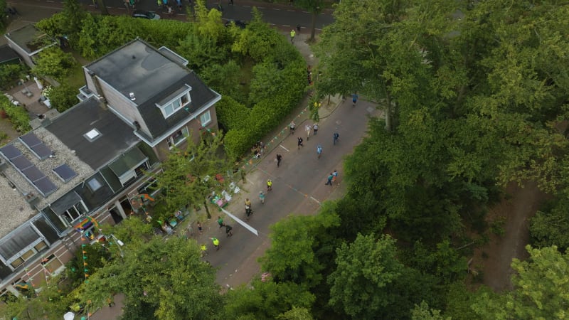 Aerial shot of 2023 International Four Days Marches of Nijmegen city. People walk 50km per day