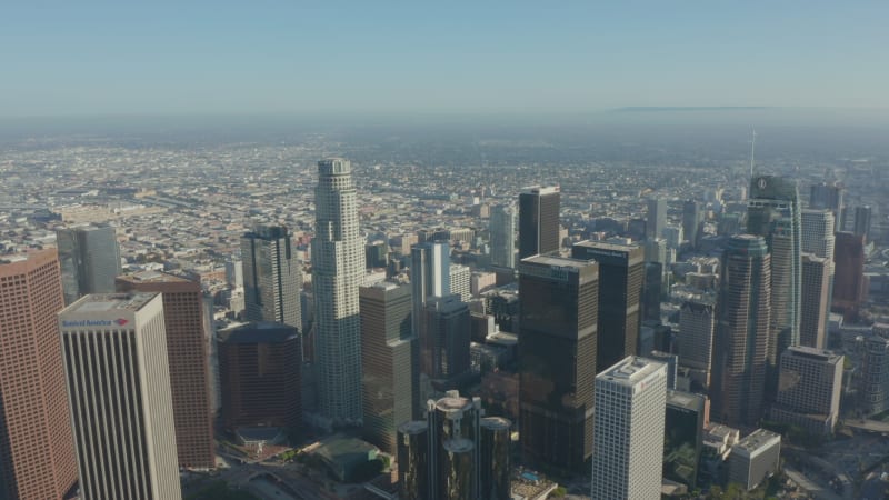 Wide view of Downtown Los Angeles, California Skyline at beautiful blue sky and sunny day