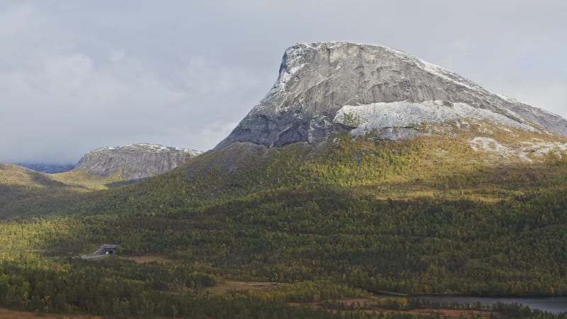 First autumn snow on mountaintop in Norway.