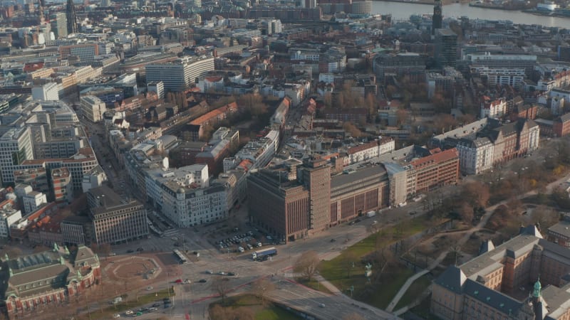 Aerial view of Hamburg city center skyline with Elbphilharmonie and St Nikolai Memorial