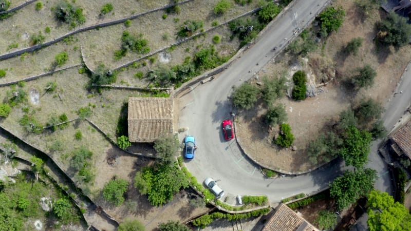 Birds View of Red and Blue Car on Hill Road on Tropical Island Mallorca, Spain on Sunny Day Vacation, Travel, Sunny, Waves