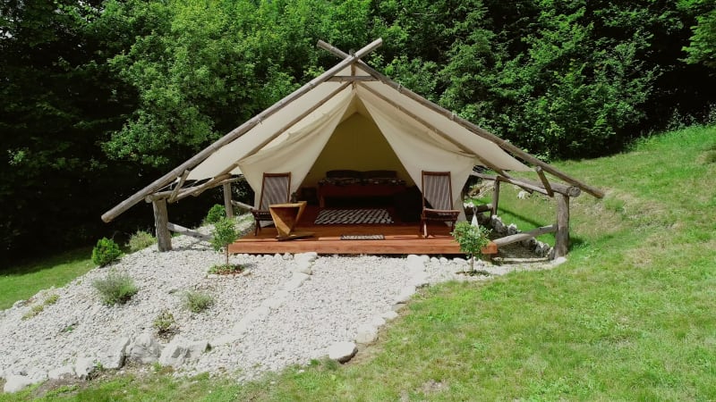 Tracking shot of a glamping tent in an eco camping.