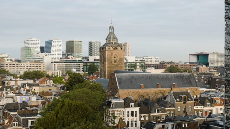 Aerial shot of Utrecht city centre, with in the middle the Buurkerk.