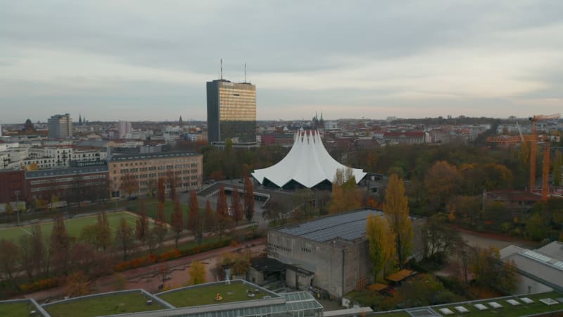 Flight through Part of Berlin, Germany with Buildings and View of Tempodrom Event Space, Aerial Drone Wide Angle View