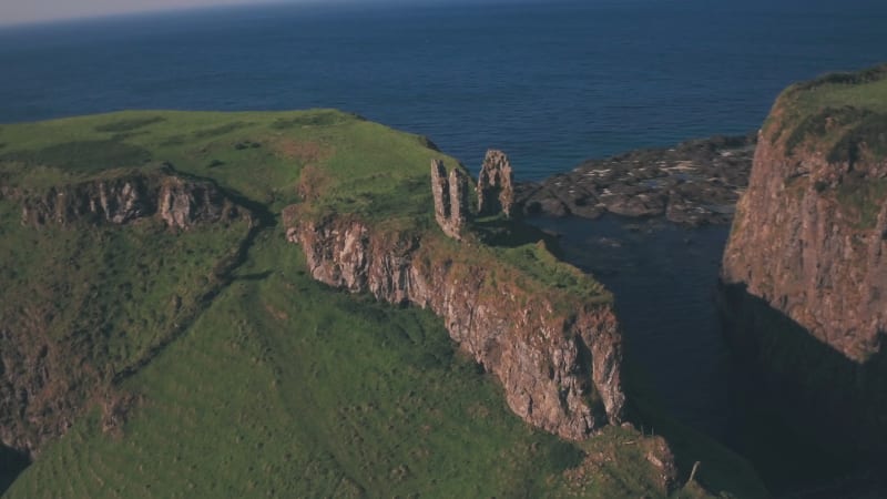 Ruins of Dunseverick Castle on the Antrim Coast, Northern Ireland. Aerial drone view