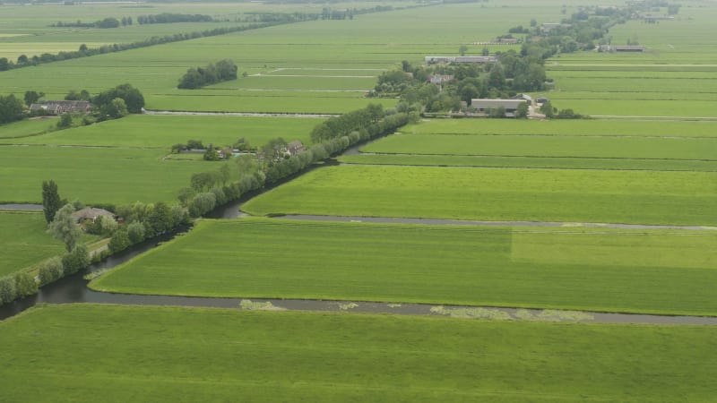 Lush green irrigated grass fields with scattered farms