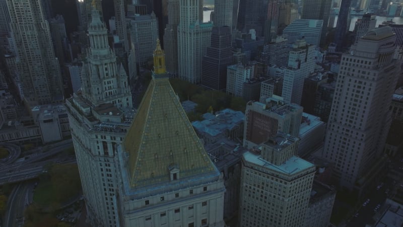 Aerial view of Manhattan Municipal Building in downtown. High rise buildings around City Hall Park. Manhattan, New York City, USA