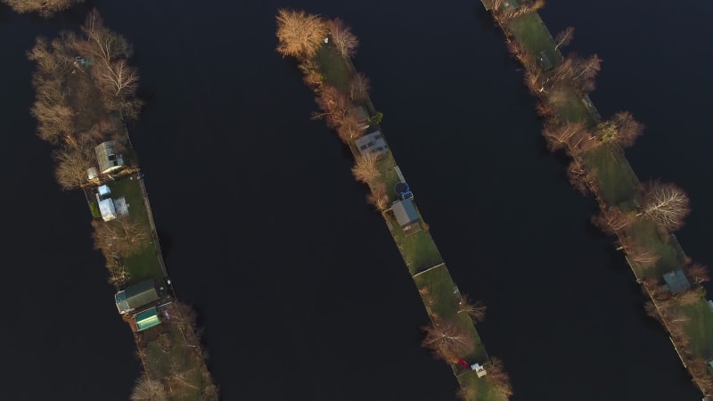 Aerial view of houses on the lake.