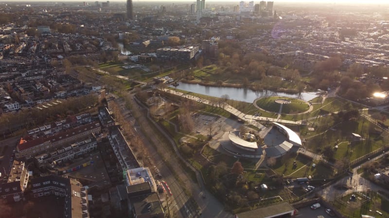 Aerial Footage of Griftpark in Utrecht, the Netherlands in Fall