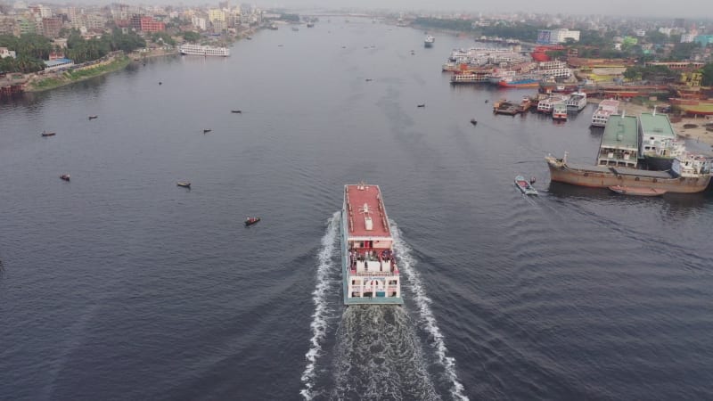 Aerial view of a busy wharf along Buriganga river, Bangladesh.